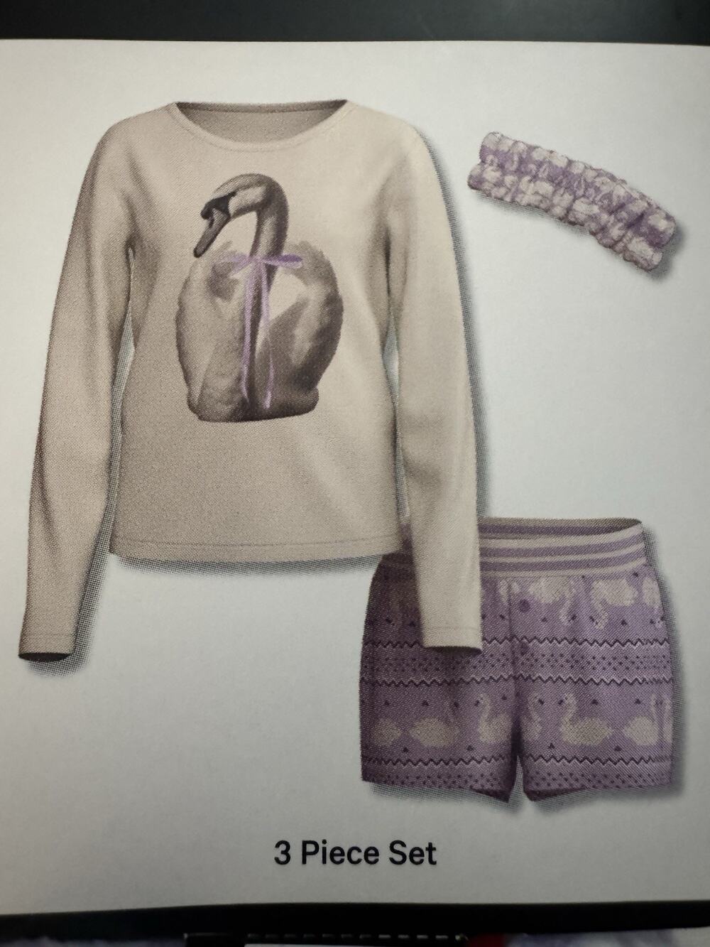 Art Class Girls XL 3 Piece Pajama Set Swan Long Sleeve Sleepwear Spa Headband